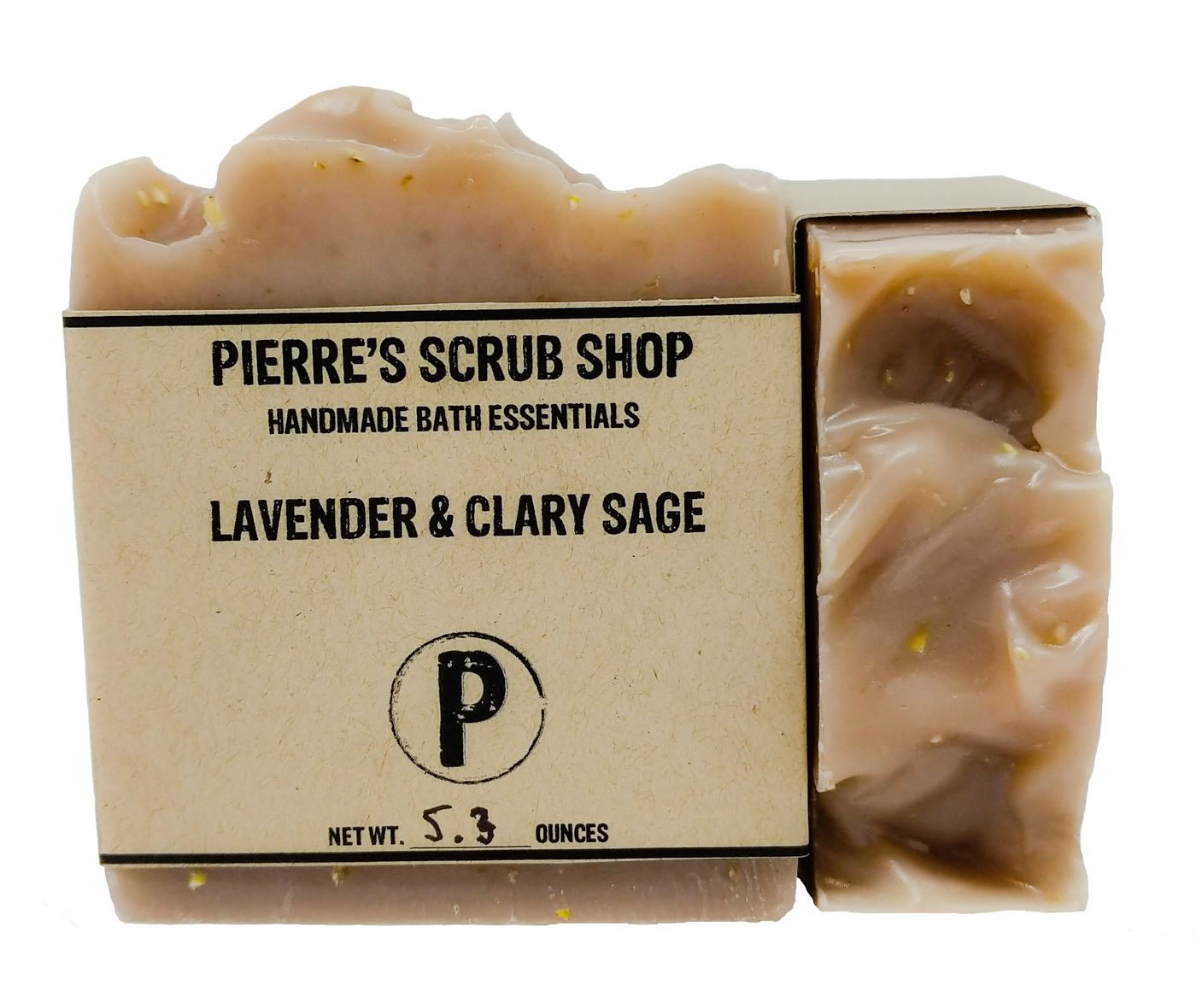 A Lavender & Clary Sage bar in its kraft paper wrapper beside an unwrapped pink and brown swirled bar