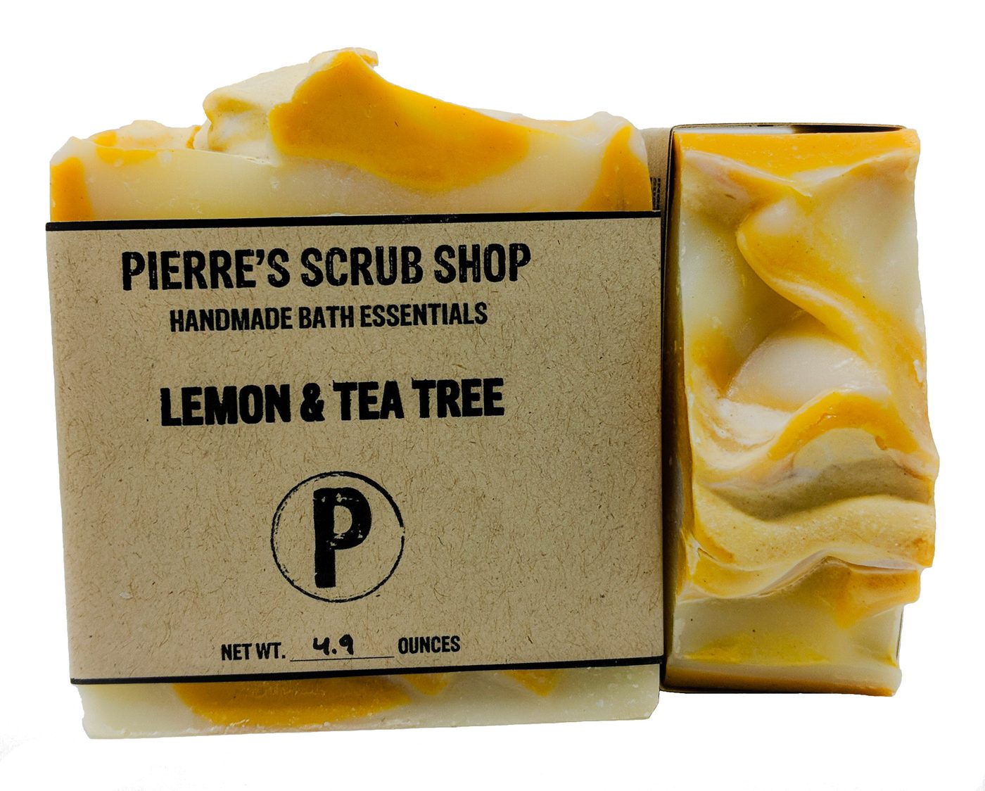 A Lemon & Tea Tree bar in its kraft paper wrapper beside an unwrapped yellow swirled bar
