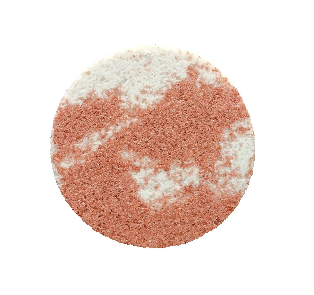 A round bath bomb with a white half and a pink half