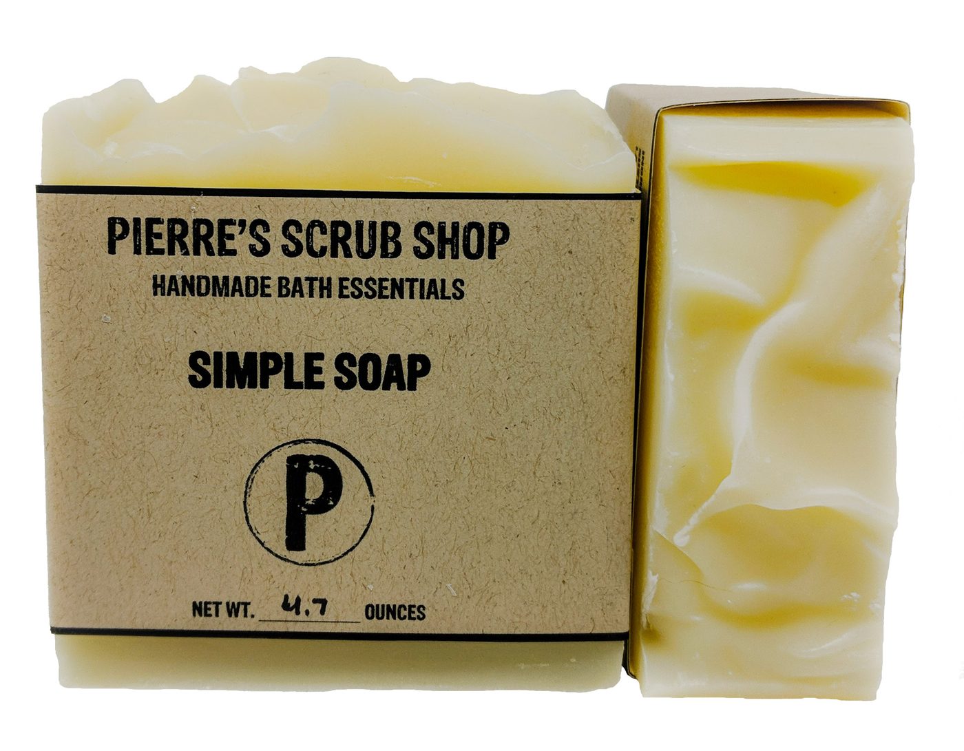 A Simple Soap bar in its kraft paper wrapper beside an unwrapped pale swirled bar