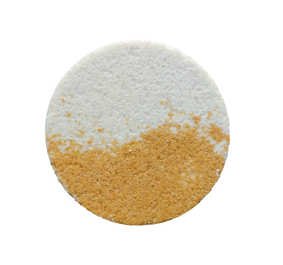 A round bath bomb with a white half and a golden yellow half